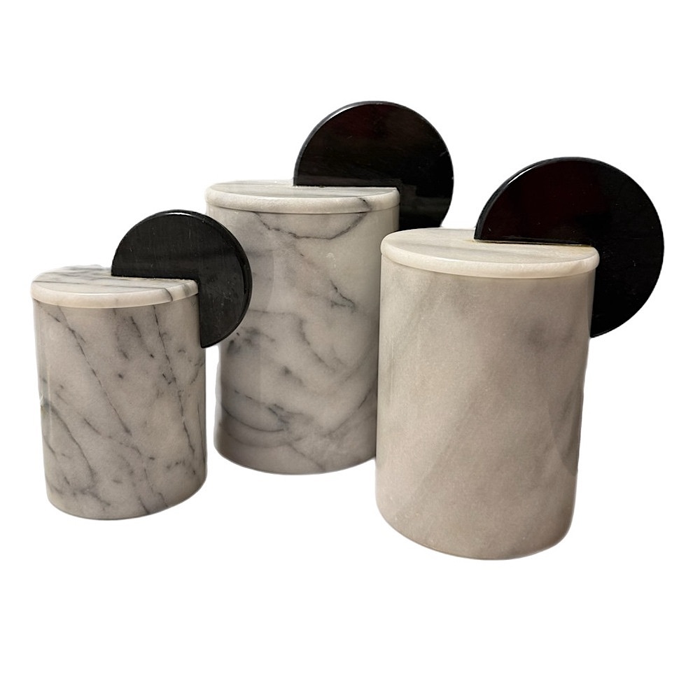 Vtg Set of 3 Italian Black/White Marble Art Deco-Style Canister Set with Lids
